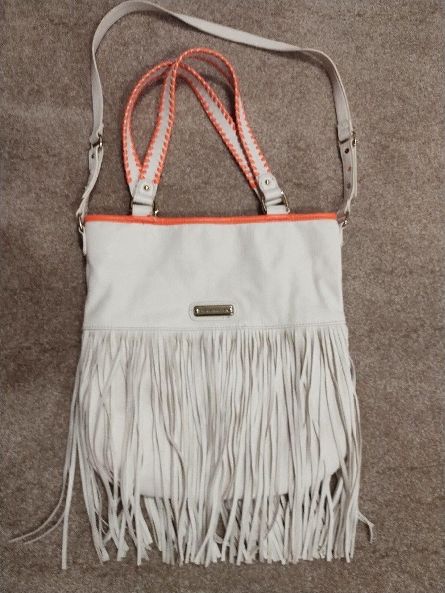 Steve Madden White And Coral Fringe Crossbody Bag Purse EUC