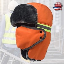 Hi Vis Reflective Neon Orange Winter Ski Fur Thermal Hat Aviator Russian Trapper