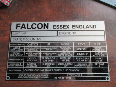 Typenschild Schild Plakette S27 Falcon kitcar