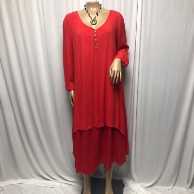 Zanzea Dress Womens Size 8 Red Layered Long Sleeve V Neck Boho Hippie Lagenlook