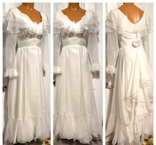 VINTAGE 60s GORGEOUS WHITE CHIFFON W/ WIDE RUFFLE FORMAL/ WEDDING DRESS SZ S-M