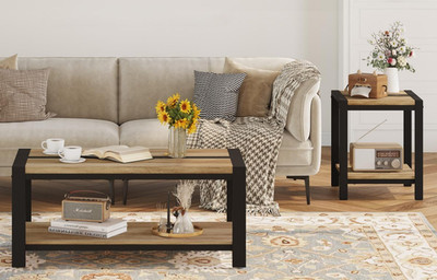 Vintage Oak Industrial Coffee Table with 2-Tier Storage for Living Room