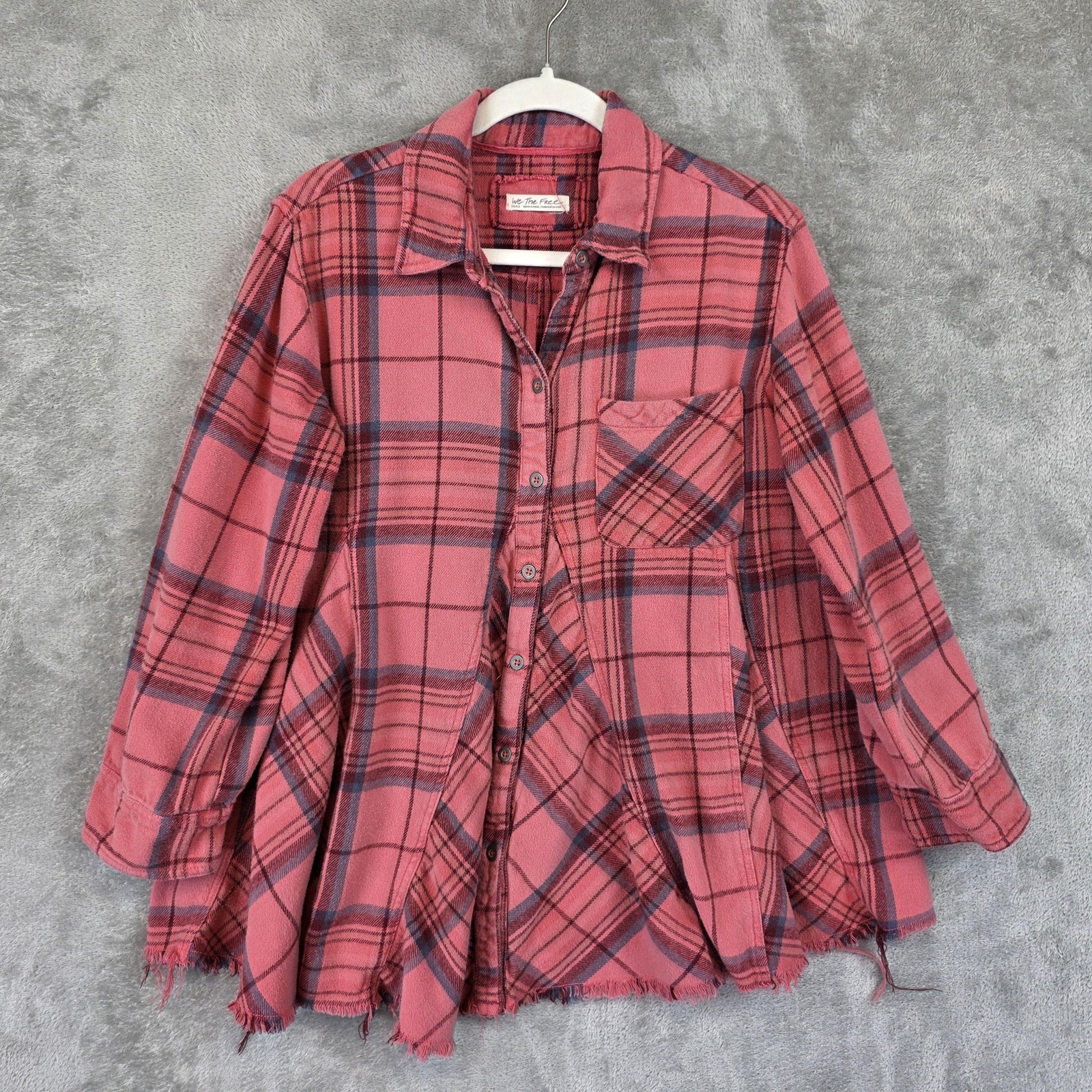 We The Free Button Up Shirt Womens S Pink Plaid Flannel Tunic Long Sleeve Cotton
