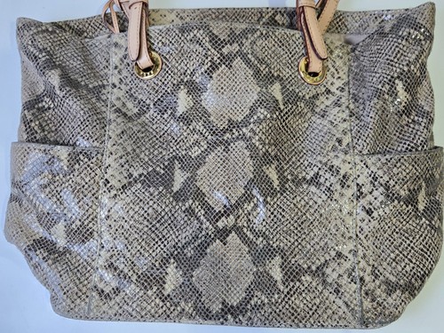 Michael Kors Tote Bag Python Snakeskin Print Beige Leather Shoulder Bag