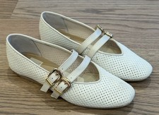 Dolce Vita Women's Ivory/Cream Leather Ballet Flats with Gold Double Buckle 7