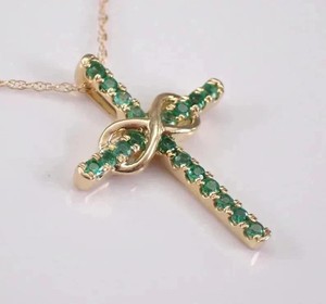 Authentic Infinity With Cross Pendant 14K Yellow Gold Plated Round Cut Simulated Emerald
