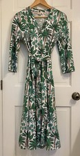 Boden Palm Tree Print Midi Dress White Green Tropical Summer Office Size 8R US