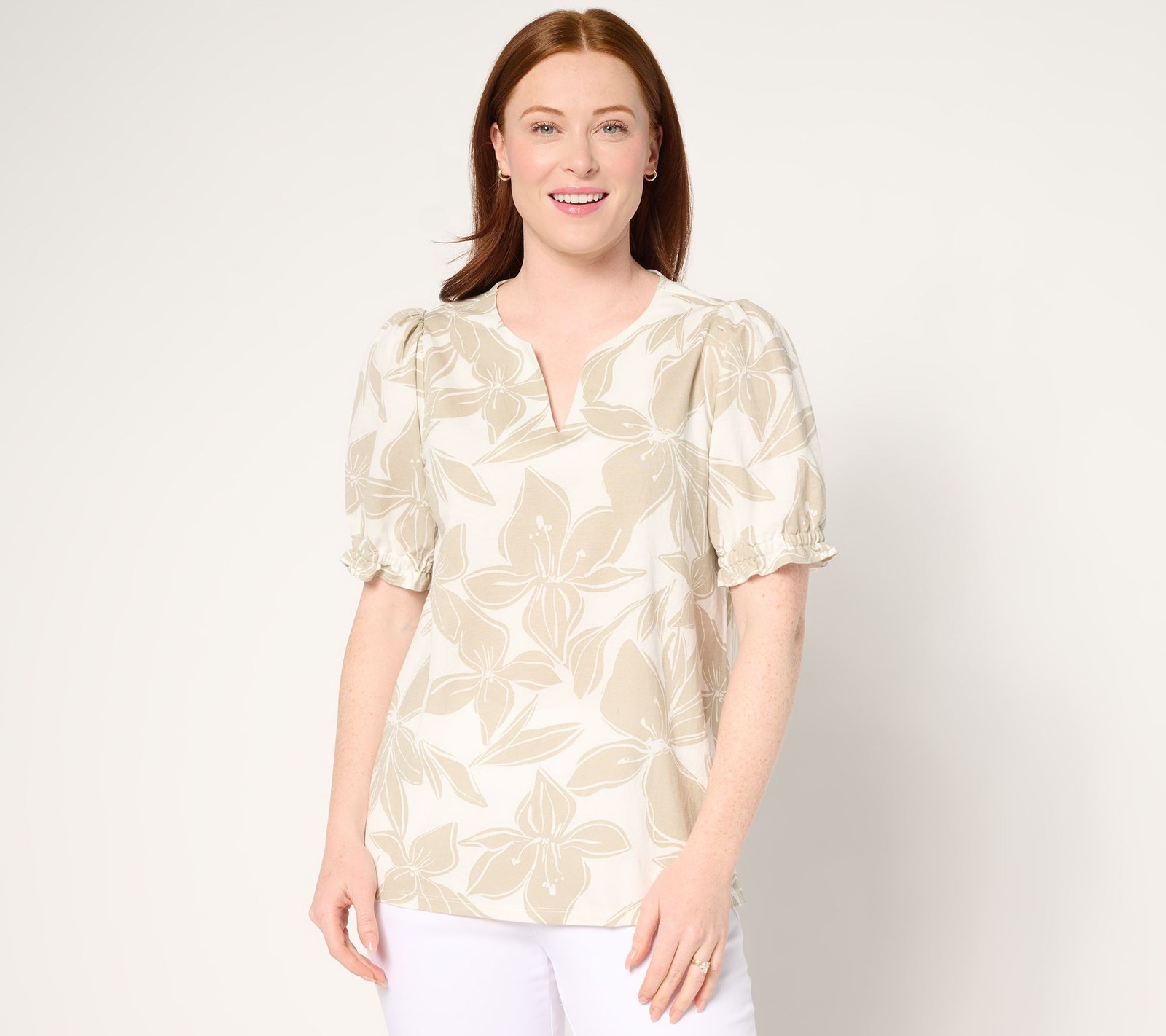 Belle by Kim Gravel Women's Top Sz L Cabana Knit Hibiscus White A686030