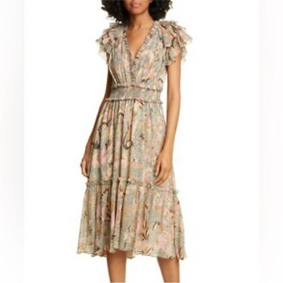 Ulla Johnson Cicely Midi Dress Ivory Paisley Floral Size 8 Boho Bohemian Ruffle