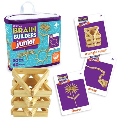KEVA Junior Brain Builders Playset, 40 Wooden Blocks, 20 Challenge Cards - 3D