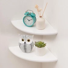 Corner Shelves, Floating Corner Shelf, Set of 2 White Solid Oak Wood Wall She...