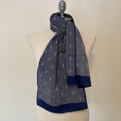 VTG Monogramed Blue Strip Rectangle Scarf Japan Preppy 10.5in X 46in Nautical