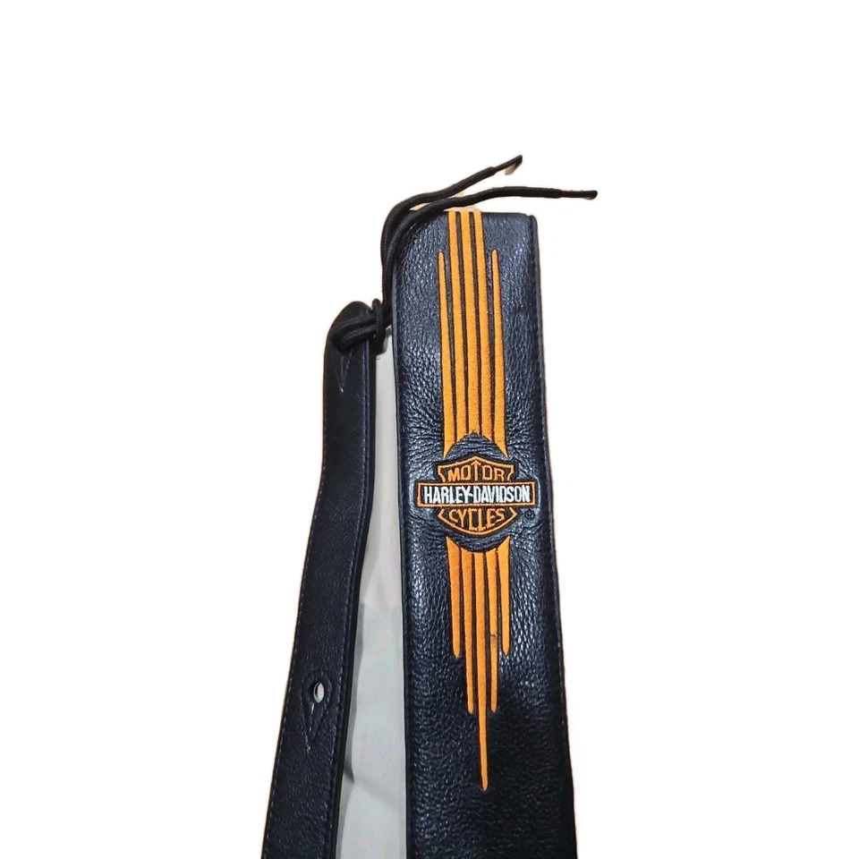NUEVA Correa de Guitarra Harley Davidson Cuero Negro Bordado Naranja Foto 3 de 4