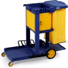 Janitorial Cart with Key-Locking Cabinet with Yellow Vinyl Bag 3-Shelf Cart Blue