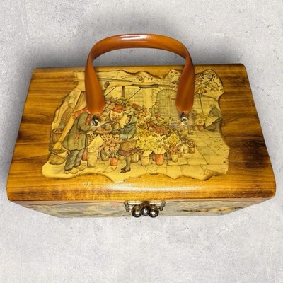 Vtg 70's Anton Pieck Decoupage Wood Box Purse With Bakelite Handle