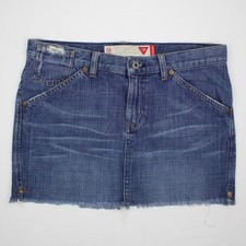 Guess Y2K Distressed Denim Mini Skirt Raw Hem Low Mid Rise Size 28 32