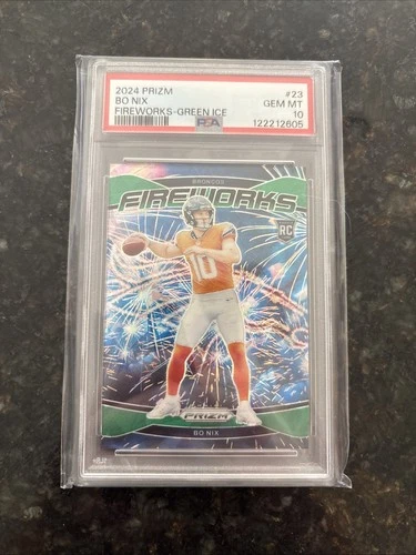 2024 Panini Prizm - Bo Nix -PSA 10 - Fireworks Green Ice Prizm (RC) Broncos!