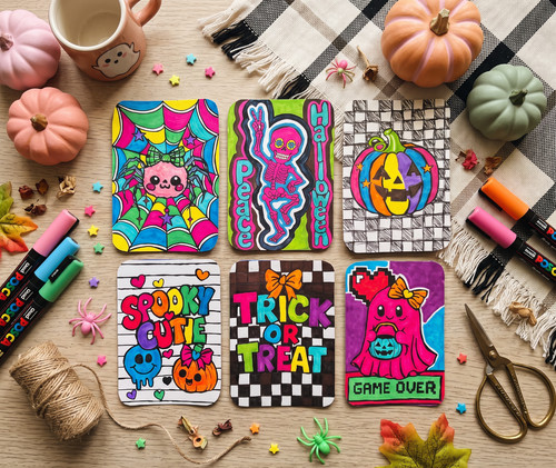 Set of 6 ACEO original Cartoon 90's Halloween Ghost Pumpkin Spider