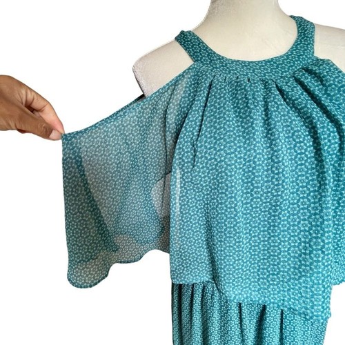 Soft Surroundings Chiffon türkis Maxikleid Damen Gr. M Blumen Geo Print gefüttert - Bild 8 von 10