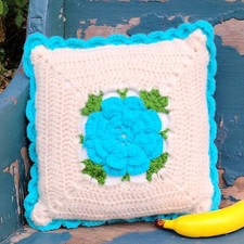 Vintage Crochet Throw Pillow Ivory and Turquoise 12"  12"