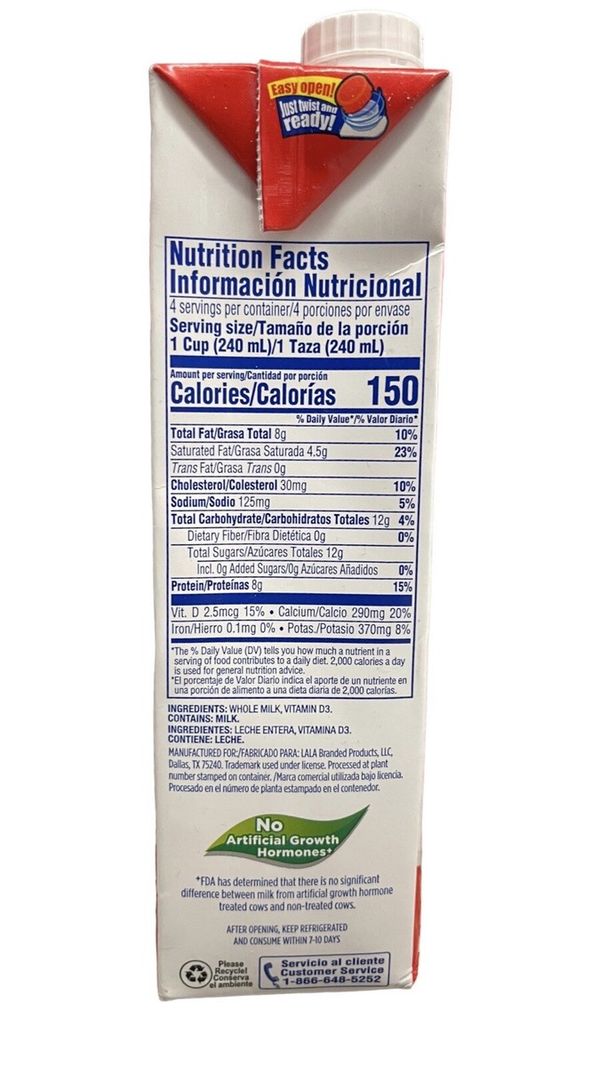 4X Leche Lala Leche Entera Mexican Brand Lala Whole Milk 946 ML