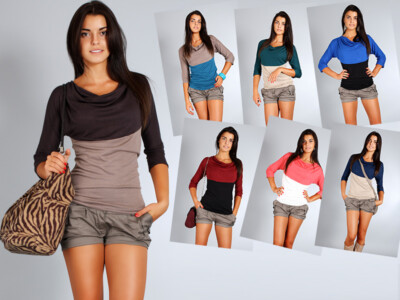 Damen Zwei Farben Basic Bluse 3/4 Ärmel Drapierter Ausschnitt Einheitsgröße Locker Oberteil 6510