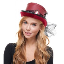 Women's Steampunk Top Hat Masquerade Costume Accessory w/ Veil Red