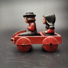 Vtg Cast Iron Amish Boy Girl Figurine in Red Wagen Miniature