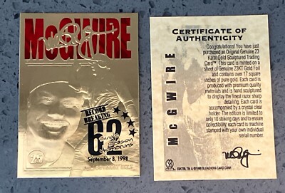 1998 Bleachers Mark McGwire 62ND Home Run 23KT Gold Card 7425/9862 COA
