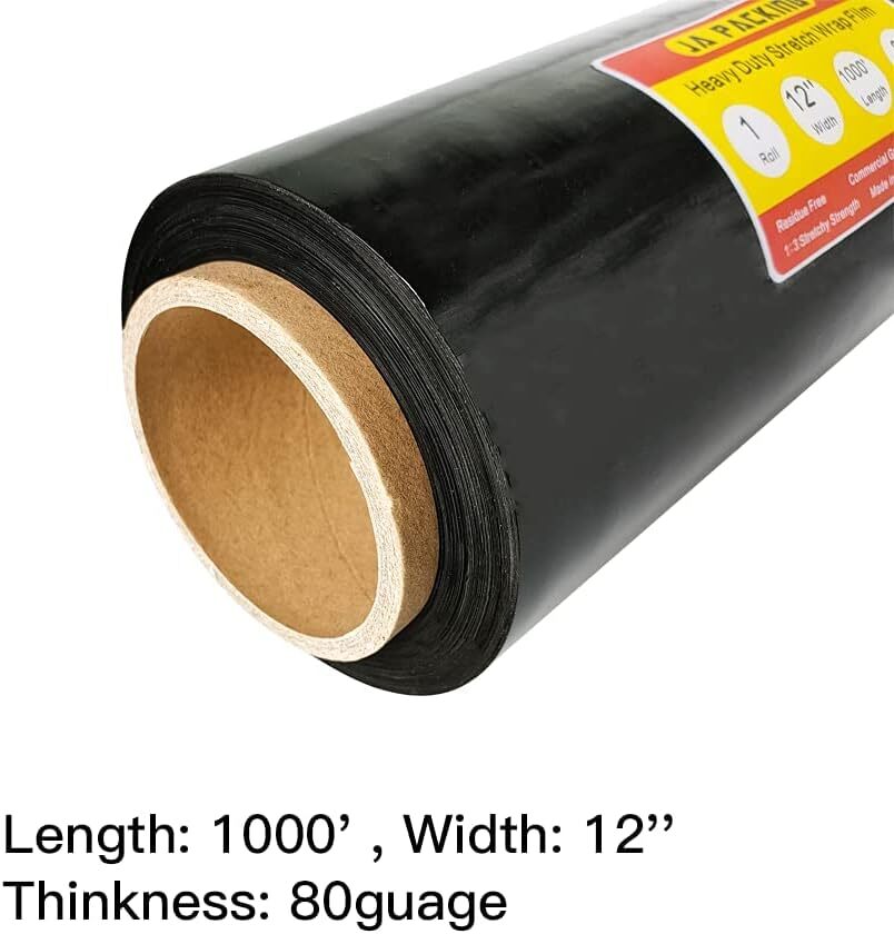 Black Plastic Shrink Wrap Film 12”×1000Ft 80 Gauge Industrial with Hand