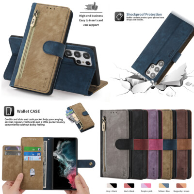 For Samsung S24Ultra S23 S8 Fashion Zipper Color Blocking Wallet Card Case Cover