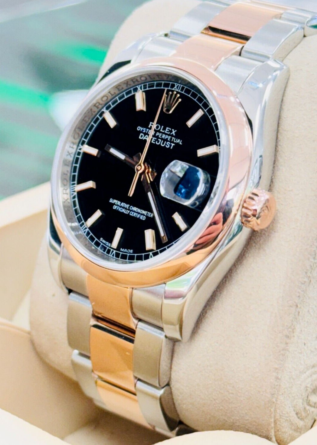 Rolex Datejust 36 116201 18K Rose Gold Black Dial w 'Roulette' Date Wheel Watch - Image 6