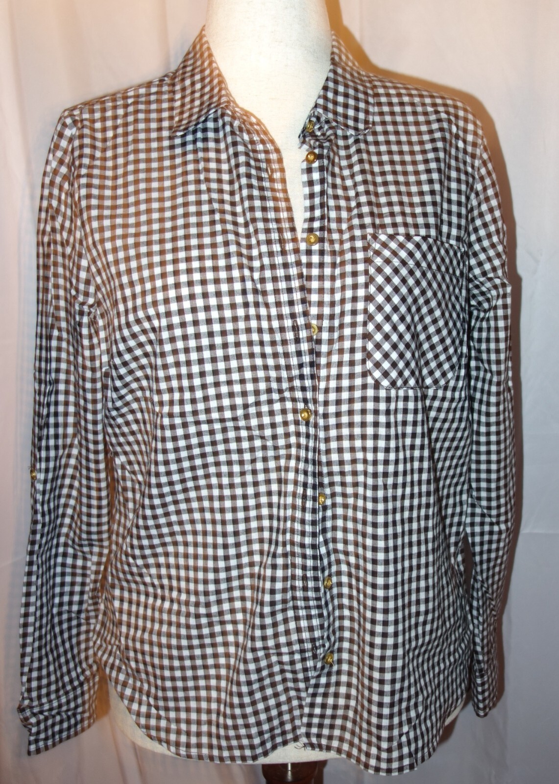 Primark Ladies Black & White Check Long Sleeve Button Down Blouse Top Size 10