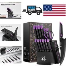 Complete Kitchen Knives Set with Ergonomic Handles and Elegant Purple Design