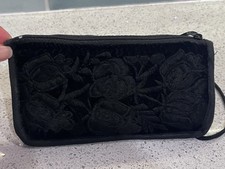 GUATEMALAN BAG, BLACK VELVET WITH EMBROIDERED FLOWERS ON FRONT, W/ TWO ZIPPERS