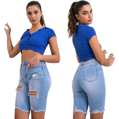 Damen Jeans Capri 3/4 Hose Skinny Stretch zerrissen Löcher Push Up kurze Hose