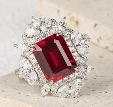 6ct Emerald Cut Natural Red Ruby Gemstones Diamond Ring 18K White Gold Plated