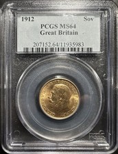 1912 Great Britain Gold 1 Sovereign 0.2354 oz PCGS MS64