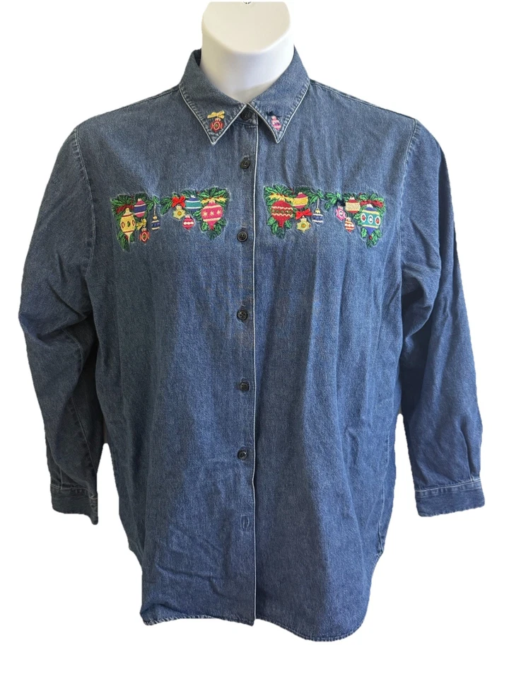 Karen Scott Button-Up Denim Shirt CHRISTMAS PATCHES Embroidered Women's Large - Image 2 of 4