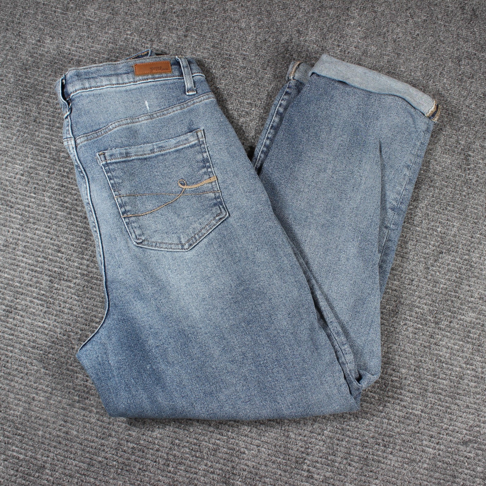 Grace & Lace Blue Distressed Boyfriend Jeans Size 16 Cuffed Knee Rip