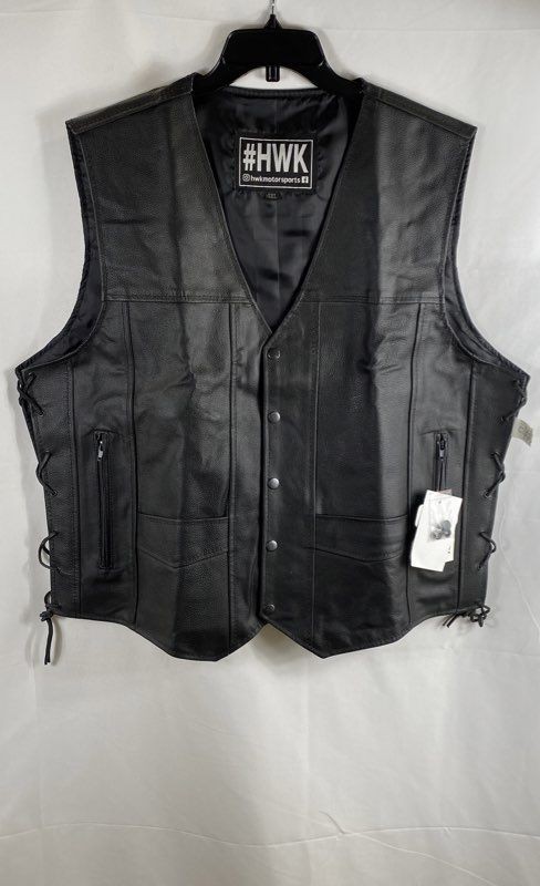 HWK Men's Black Genuine Leather Biker Motorcycle Vest Side Lace NWT Sz 4XL