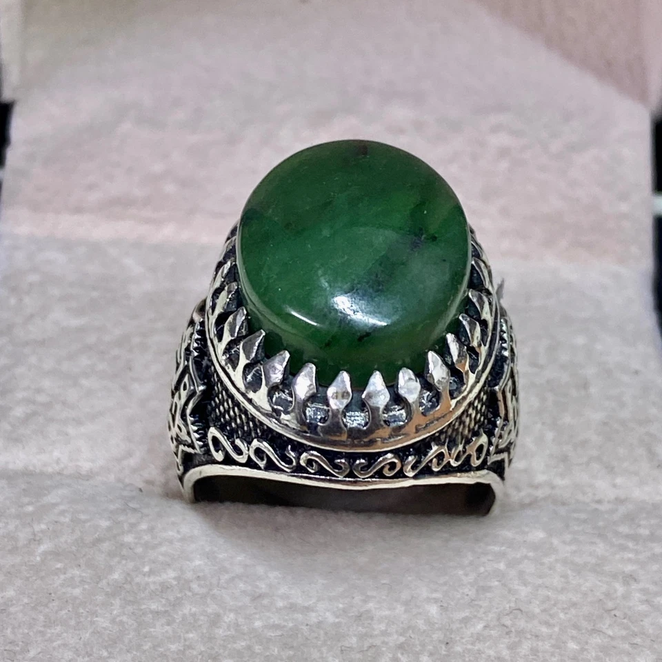 伊斯兰雕刻 925 纯银男士戒指 天然绿色玉石戒指 — 第 4/4 张图片