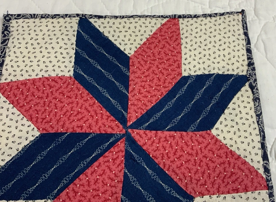 Antique Vintage Patchwork Quilt Table Topper, Star, Early Calicos, Pink, Navy - Image 4 of 4