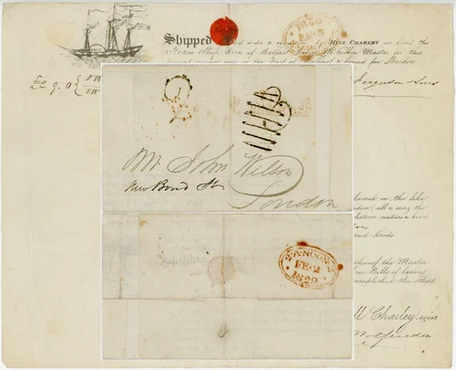 1829 LETTER IRELAND ILLUSTRATED BILL LADING SHIP ERIN CHARGED 3d CANCELLED + 2d