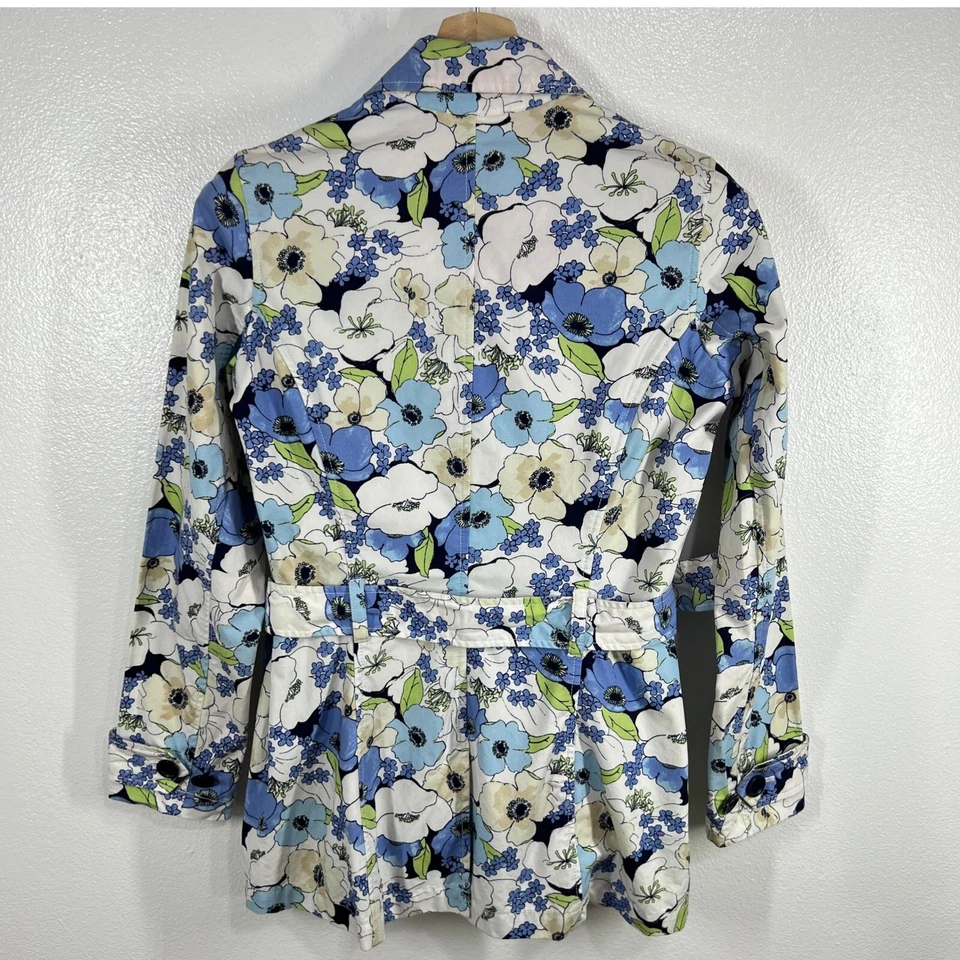 De colección. Gabardina Eddie Bauer Estampado Floral Cinturón Primavera Chaqueta Azul Blanco Pequeña Foto 3 de 4