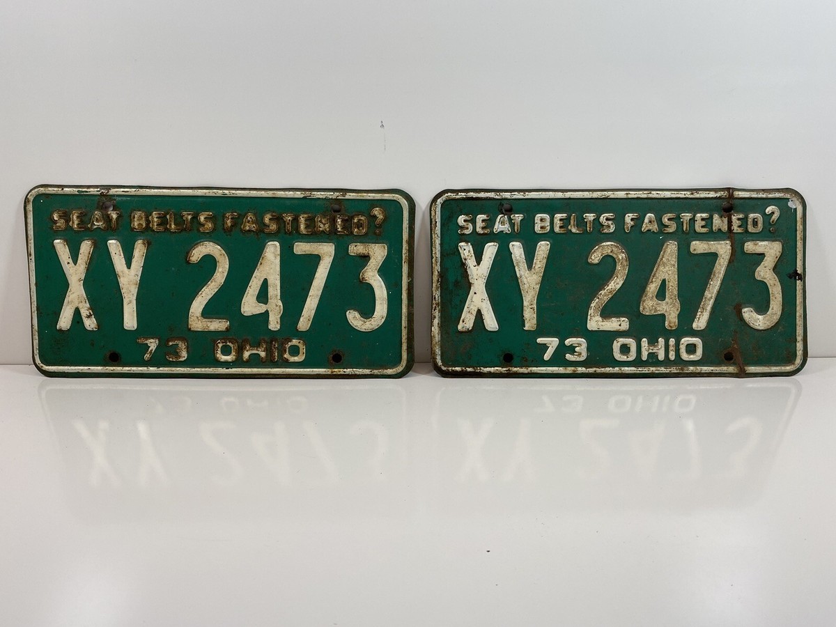 Vintage Ohio OH Licenses Plate 1973 No. XY 2473 Green White Set Of