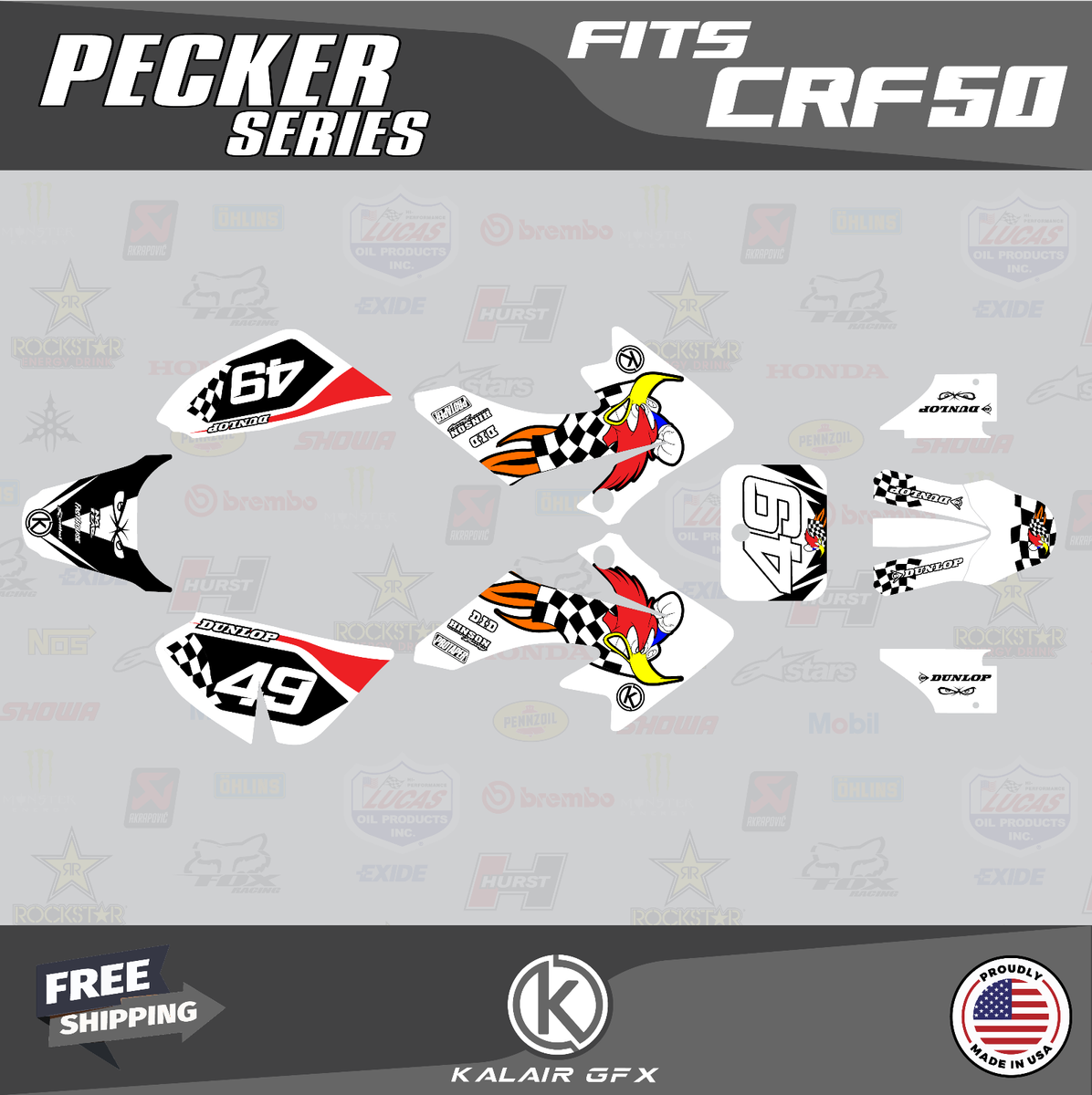 Graphics Kit for Honda CRF50 (2004-2012) or (2013+) Pecker - White