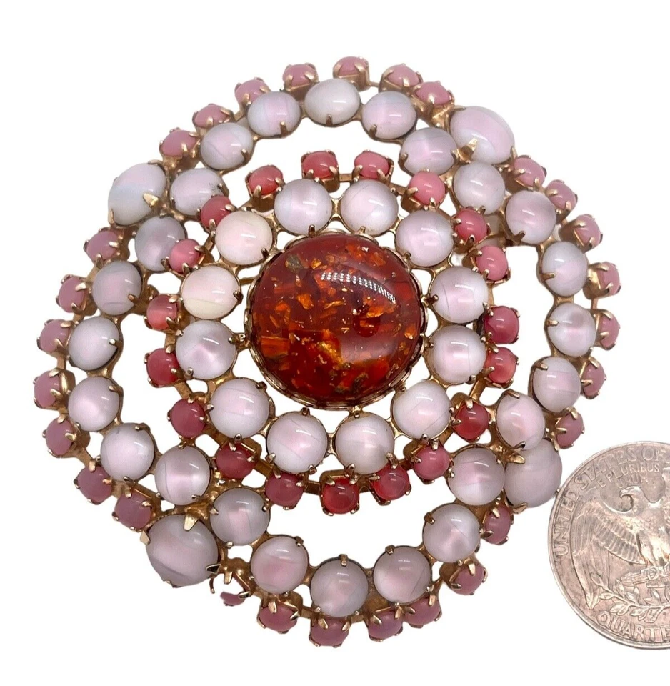 Vintage Large Scalloped Brooch Glass Opaque Pink & Opalescent Cabochons Brooch