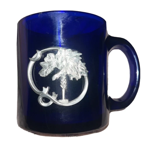 Libbey Cobalt Blue Vintage Glass Coffee Mug Cup Made in USA Palmetto State SC