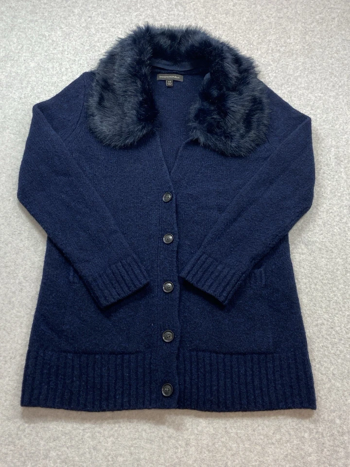 Abrigo Suéter Banana Republic Para Mujer XS Azul Marino Mezcla de Lana Imitación Piel Cuello Butt Foto 4 de 4